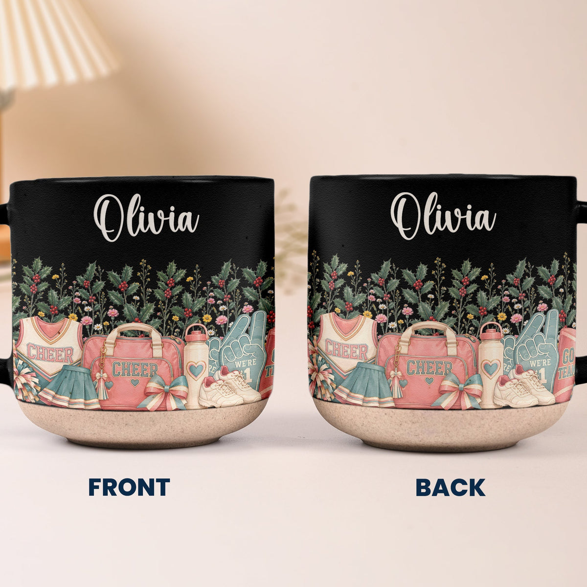 Custom Birth Flower & Name Pottery Mug - Gift For Cheerleader - Personalized Mug